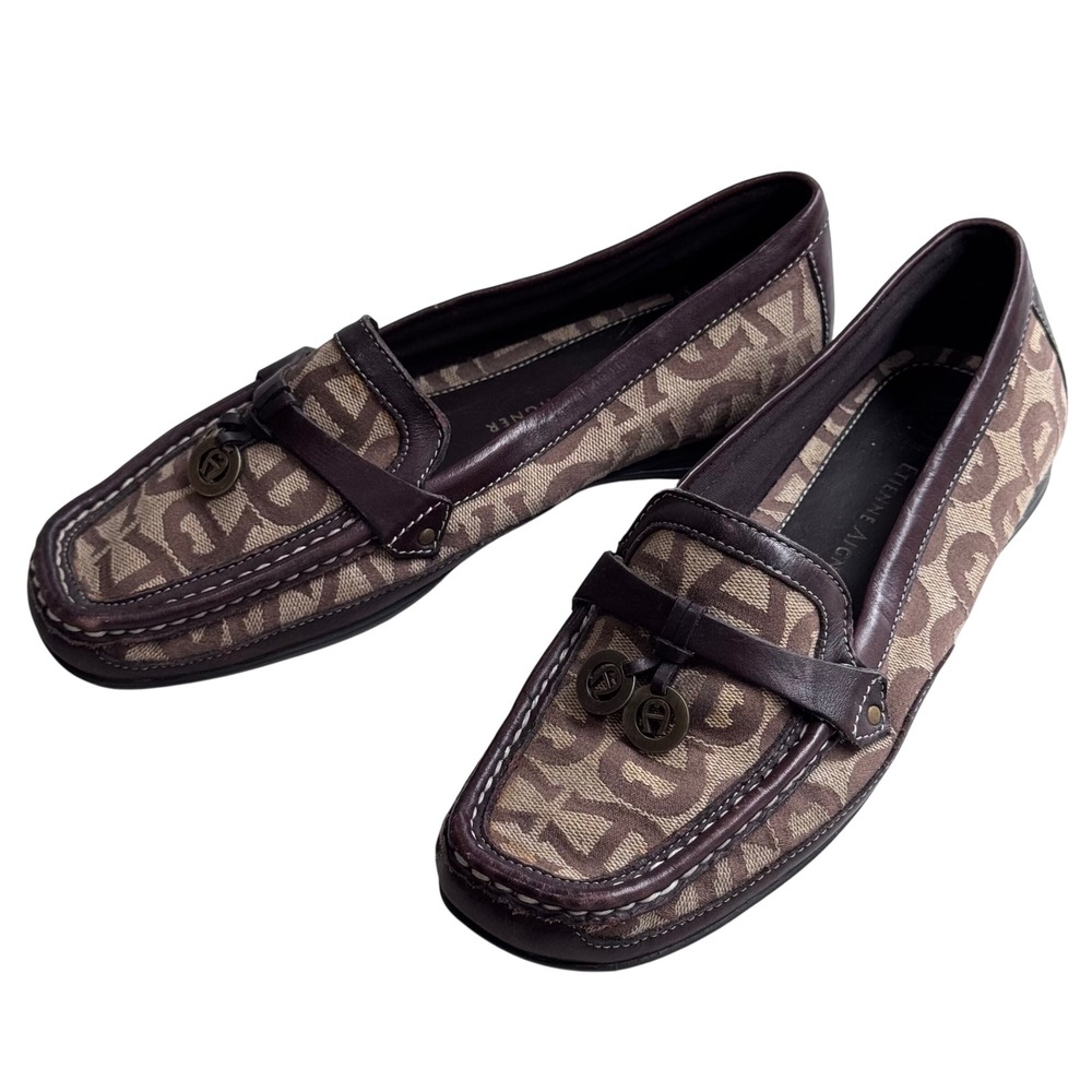 Etienne Aigner Loafers Monogram‎ Fabric Leather Trim Medallion Detail 6.5M